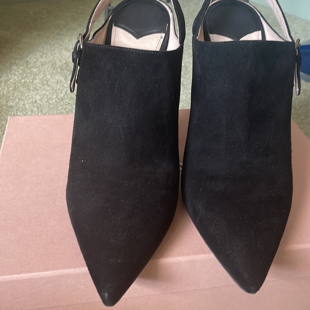 Miu Mui black sling back booties.